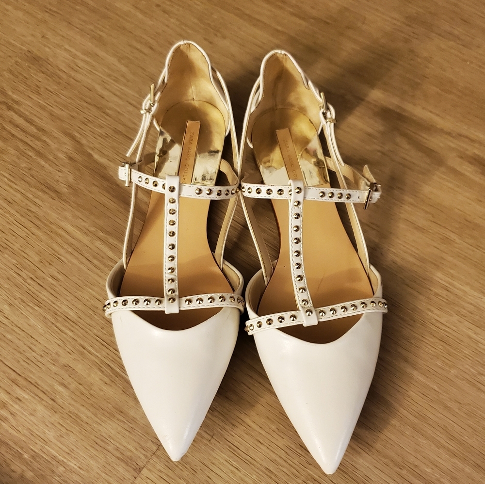 Zara white Studded T Strap flats